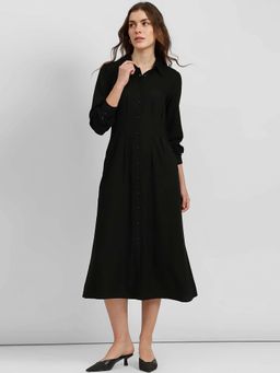 FableStreet - Black Solid Button Down Shirt Dress