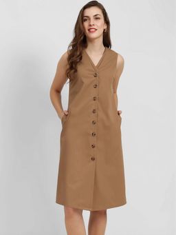 FableStreet - Camel V-Neck Midi Dress
