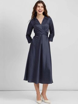 FableStreet - Navy Blue Satin Striped Dress