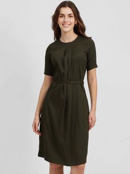 FableStreet - Olive Solid Pleated Shift Dress with Belt