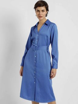 FableStreet - Blue Satin Solid Shirt Dress with Belt