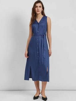 FableStreet - Blue Solid Button Down Dress with Belt