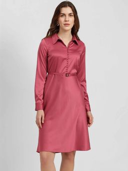 FableStreet - Pink Solid Satin Fit and Flare Dress with Belt