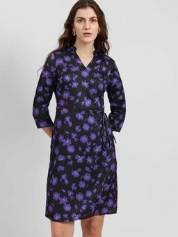 FableStreet - Black Satin Floral Printed Wrap Dress