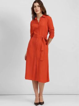 FableStreet - Orange Button Down Shirt Dress with Belt