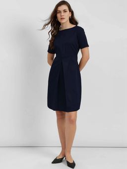 FableStreet - Navy Blue Solid Inverted Box Pleat Shift Dress