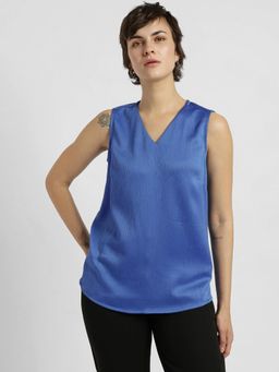 FableStreet - Blue Self Textured Satin Top