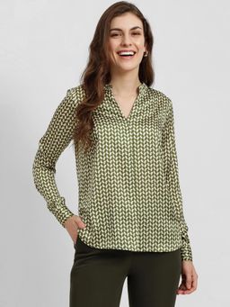FableStreet - Olive Satin Mandarin Neck Top
