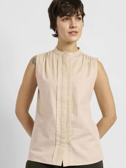 FableStreet - Off White Cotton Mandarin Collar Top