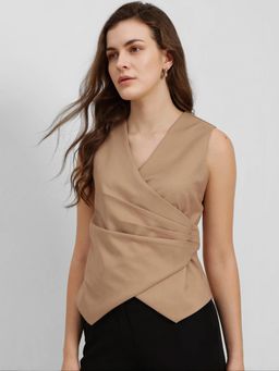 FableStreet - Beige V-Neck Drape Top