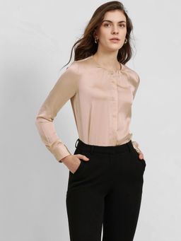 FableStreet - Beige Satin Gathered Neck Shirt