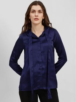 FableStreet - Navy Blue Satin Bow-Tie Shirt