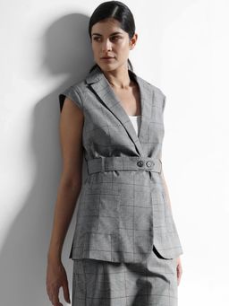 FableStreet - Checks Printed Jacket And Skirt With Belt Co-Ord Set - DuSty Pink