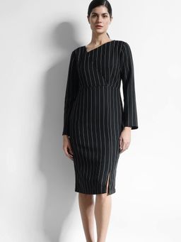 FableStreet - Striped Sheath Knee Dress - Black