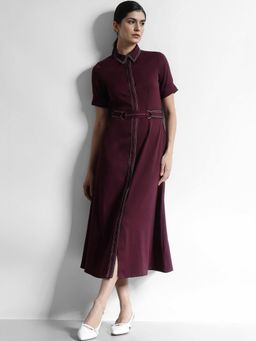 FableStreet - Fit And Flare Dress With Belt - Wine