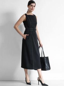 FableStreet - Shift Midi Dress With Belt - Black