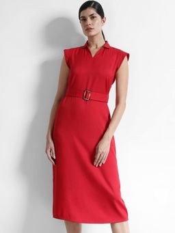 FableStreet - Midi Shift Dress With Belt - Red