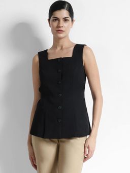 FableStreet - Black Square Neck Waistcoat Top