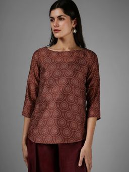 FableStreet - Boat-Neck Motif Top - Maroon