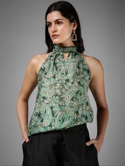 FableStreet - Paisley Halter Neck Top - Green