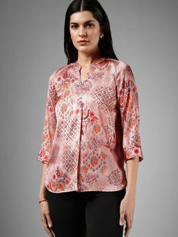 FableStreet - Satin Mandrin Collar Top - Peach
