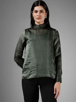 FableStreet - Silk High Neck Top - Green