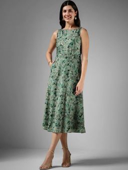 FableStreet - Floral Fit and Flare Dress - Green