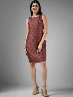 FableStreet - Printed Motif Shift Dress - Burgundy