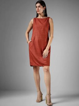 FableStreet - Boat Neck Shift Dress - Rust