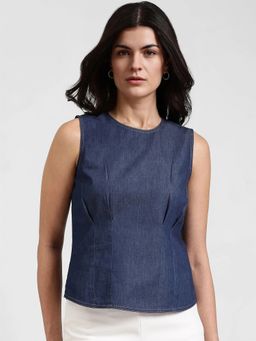 FableStreet - Denim Round Neck Top - Navy Blue