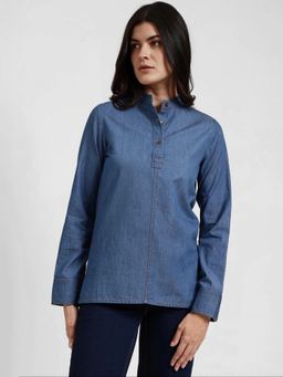 FableStreet - Denim Mandarin Collar Top - Blue