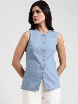 FableStreet - Denim Waistcoat Top - Light Blue