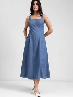 FableStreet - Solid Blue Denim Midi Dress