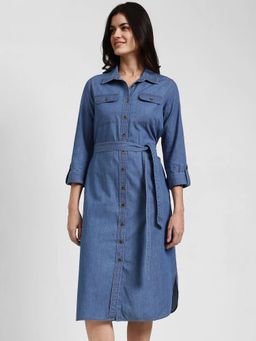FableStreet - Womens Blue Denim Shirt Belted Midi Dress