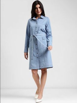FableStreet - Womens Denim Light Blue Shirt Knee Length Belted Dress