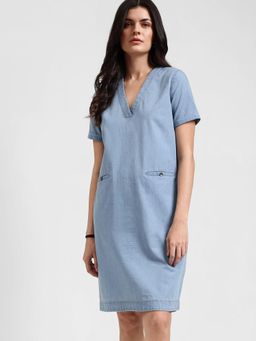 FableStreet - Womens Light Blue Denim V-Neck Knee Length Belted Dress