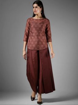 FableStreet - Printed Burgundy Silk Co-Ord Set
