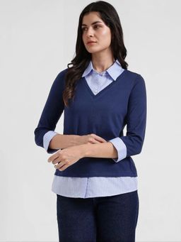 FableStreet - Women Navy Blue Collar Style T-Shirt