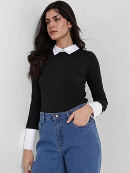 FableStreet - Women Black Collar Style T-Shirt