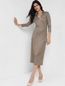FableStreet - Beige Collared Patch Stripes Sheath Dress