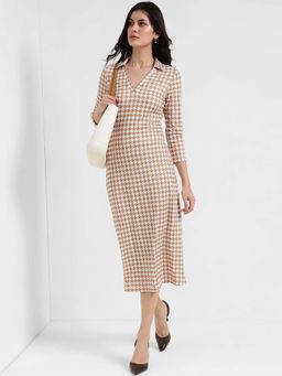 FableStreet - Beige Collared Houndstooth Sheath Dress
