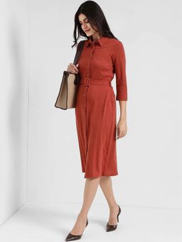 FableStreet - Rust Cotton Shirt Dress with Belt