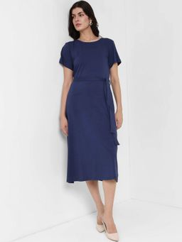 FableStreet - Navy Blue Round Neck A-Line Dress with Belt
