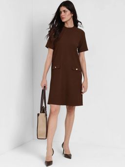 FableStreet - Brown Round Neck Shift Dress