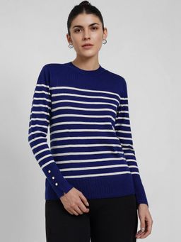 FableStreet - LivSoft Striped Round Neck Sweater - Navy Blue