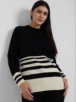 FableStreet - LivSoft Striped Round Neck Sweater - Black