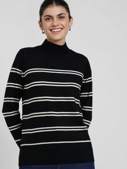 FableStreet - LivSoft Striped High Neck Sweater - Black
