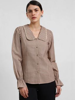 FableStreet - Cotton Gingham Peter Pan Collar Top - Beige
