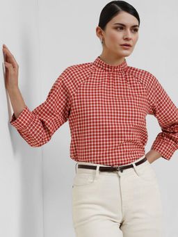 FableStreet - Cotton Gingham High Neck Top - Rust