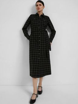 FableStreet - Cotton Checks Shirt Dress - Black